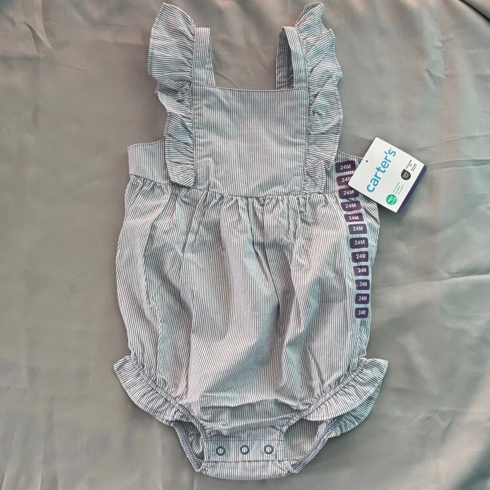 Carter's Blue and White Striped Ruffle Romper